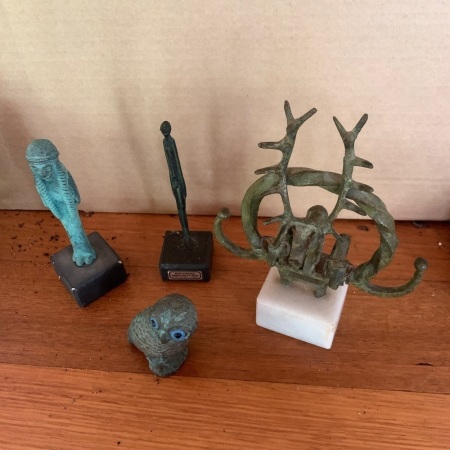 4 Bronze Figures inc. 2 People, Owl + Deer with Dogs
