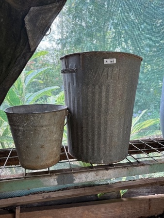Galvanised rubbish bin and bucket
