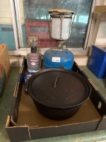 2x propane/butane camp lights plus cast iron camp oven
