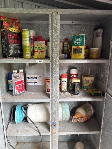Assorted items in cabinet inc. pesticides, fertilizer, spray packs etc