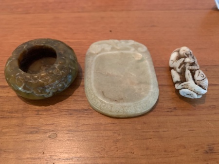 Lot of 3 Small Stone Carvings. Pot, Spoon Rest & Fisherman Netsuke