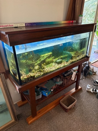 Large aquarium on wooden stand complete with ornaments and fish, etc