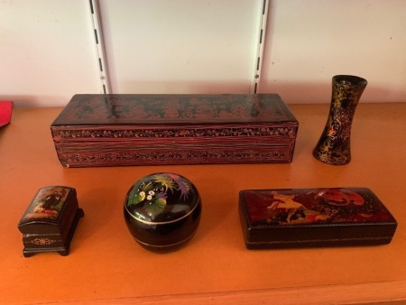 4 Lacquerware Boxes - Largest As Is + Vase