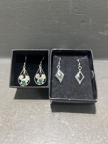 2 Sets of Silver Earrings one with Jade - Both Marked 925