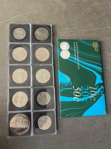 10 x 20c and 50c circulated coins and 1 x Australian Decimal Currency Pack Uncirculated