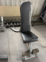 BODYWORKS adjustable weight bench and assorted dumbbells