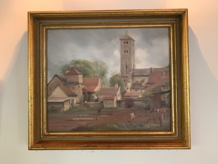 Framed Oil on Board Village Scene by Hilary Jackman 1987