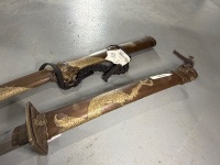 Marked Japanese ceremonial sword with Damascus style blade and incised copper and Brass handle and scabbard - 2