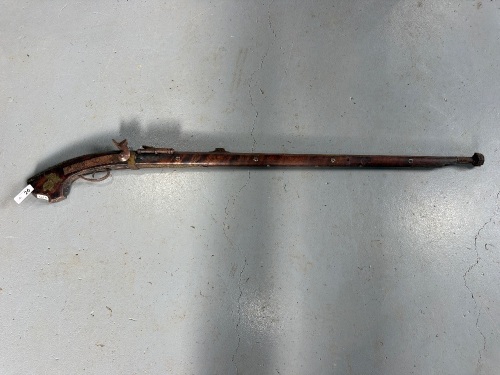 Antique match lock rifle &ndash; possibly Japanese with decorative brass fittings