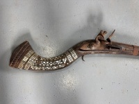Antique long barrel match lock rifle with decorative inlays - 2