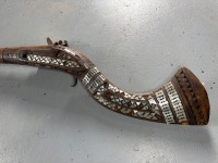 Antique long barrel match lock rifle with decorative inlays - 4