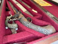 Antique flintlock/miquelet style pistols and matching dagger and sheath in felt lined wooden case - 3