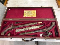 Antique flintlock/miquelet style pistols and matching dagger and sheath in felt lined wooden case - 11