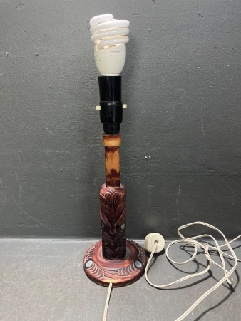 Vintage 1960s Faux-Wood Maori Tiki Table Lamp with Paua Shell Inserts