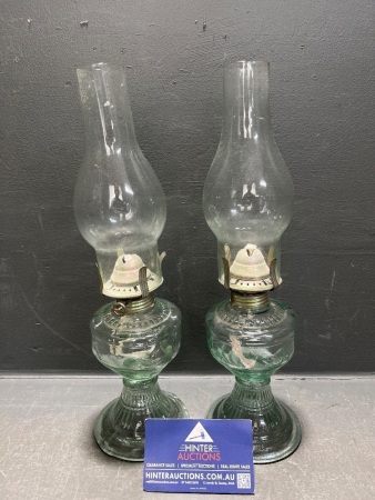 Pair of Vintage An Qing Chinese Glass Oil Lamps with Hoods and Wicks in-tact