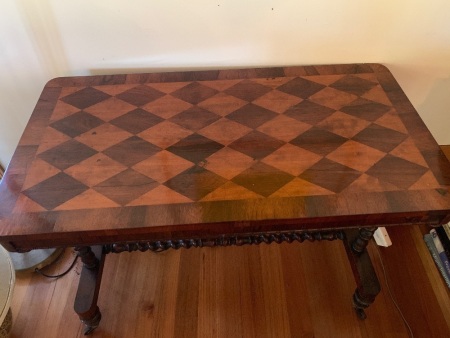 Georgian Mahogany Side Table with Harlequin Parquetry Top over Barley Twist Legs & Stretchers