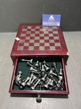 Metal Chess Pieces in Vintage Wooden Box