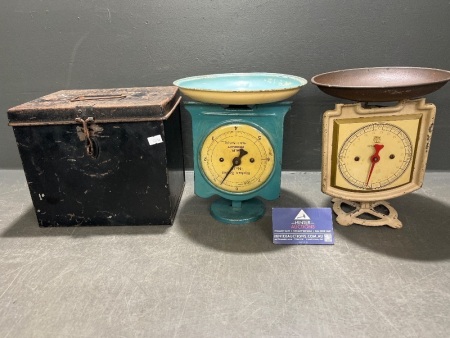 2 x Kitchen Scales and 1 Tin Storage Box