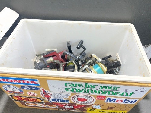 Metal Esky Containing Large Quantity of Fishing Reels