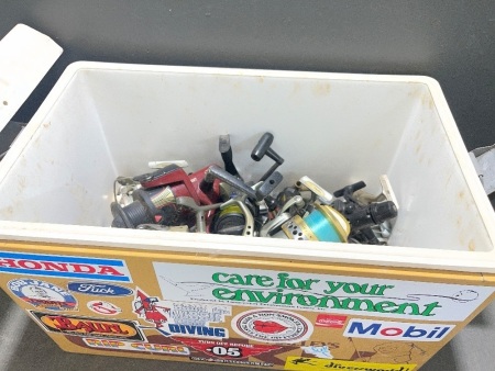 Metal Esky Containing Large Quantity of Fishing Reels