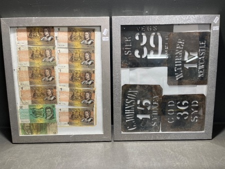 Framed $1 and $2 Australian notes and framed wool bag marker stencils.