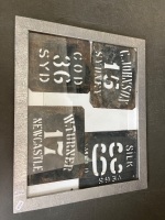 Framed $1 and $2 Australian notes and framed wool bag marker stencils. - 2