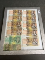 Framed $1 and $2 Australian notes and framed wool bag marker stencils. - 3