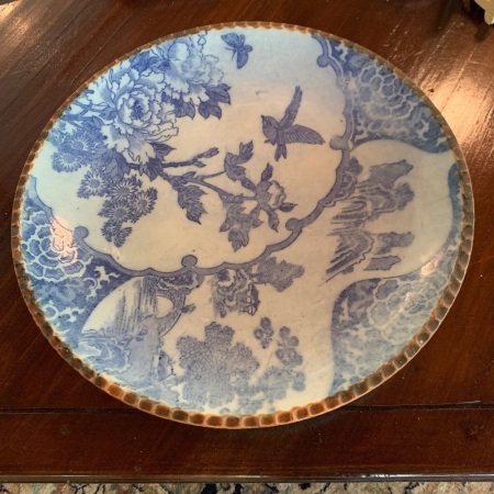 Large Blue & White Stoneware Charger with Scalloped Edge