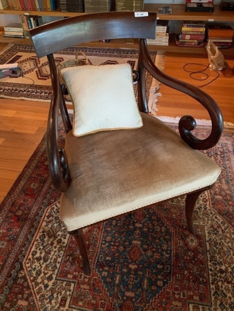 Beautiful Georgian Mahogany Elbow Chair with Scroll Arms & Upholstered Seat