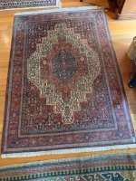 Hand Knotted Wool Persian Rug Red with Large Cream Geometric Pattern
