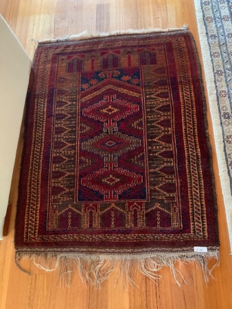 Small Hand Knotted Persian Rug in Red & Blue with Temple/Houses Design
