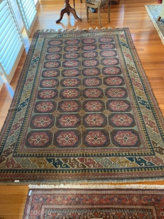Large Hand Knotted Turkish Wool Rug in Red & Blue with Lozenge Design