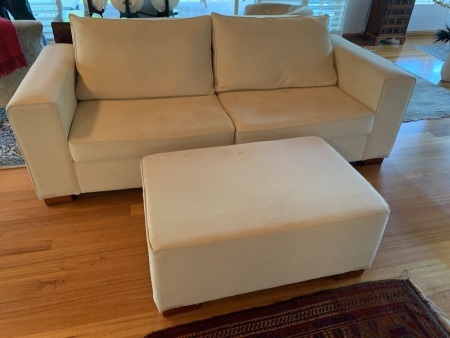 2 Seater Australian Made Cream Fabric Sofa + Ottoman/Footstool