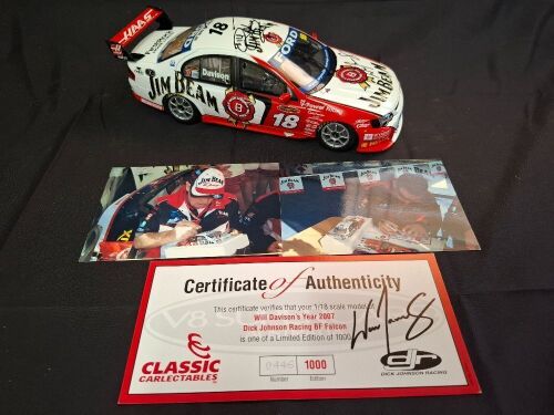 2007 Ford Falcon BF XR8 # 18 Will Davison - DJR Jim Beam ATCC - 0446/1000 - Classic Car 18294 - Car Signed Dick Johnson & Will Davison w/ Photos of Signing