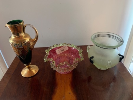3 Pieces Asstd Glass inc, Bohemian Jug, Antique Cranberry Bowl with Frill Edge + Art Glass Urn