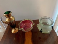 3 Pieces Asstd Glass inc, Bohemian Jug, Antique Cranberry Bowl with Frill Edge + Art Glass Urn - 2