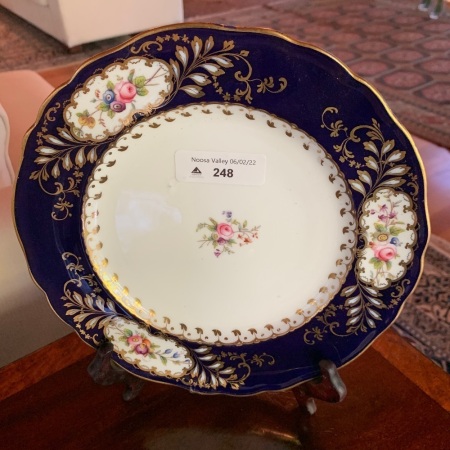 C1880 Coalport Cabinet Plate Hand Painted with Floral Design with Gilt and Cobalt Blue Border