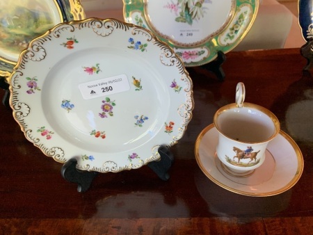 Antique Meissen Hand Painted Floral Side Plate + Swan Neck Handled Coffee Cup and Saucer Depicting Napoleon on Horseback with Gilt Edges