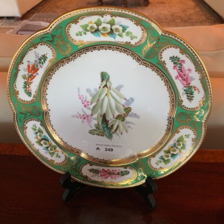c1860 Coalport Cabinet Plate with Hand Painted Floral Design with Gilt and Green Border