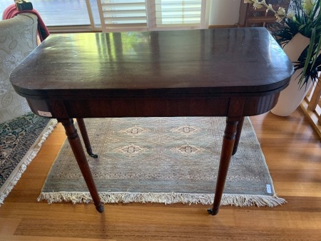 Georgian Mahogany Folding Card Table on Narrow Tapered Legs with Inlaid Diamond Motifs at Top and Original Brass Casters Below
