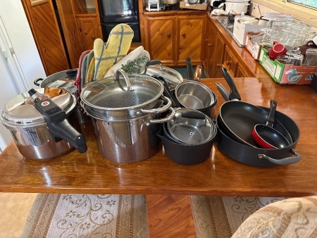 Assortment of pots, pans, pressure cookers etc
