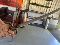 Marked Japanese ceremonial sword with Damascus style blade and incised copper and Brass handle and scabbard - 10