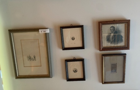 Lot of 5 Miniature Framed Lithographs inc 2 Signed Ltd Editions on Embossed Paper, 2 Antique Prints and 1 Signed Original