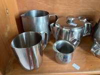 Shelf Lot of Metal Barista Jugs and Shot Cups - 2