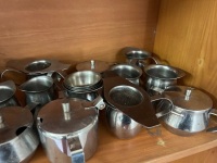 Shelf Lot of Metal Barista Jugs and Shot Cups - 4