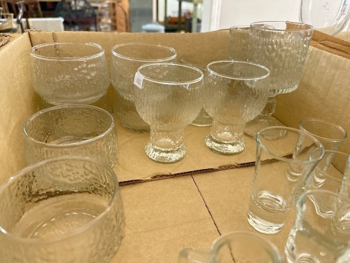 Box lot of mixed nostalgic drinking glasses, snapps and shot glasses
