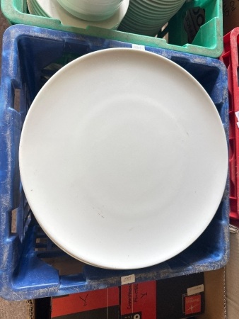 Box lot of 23 serving plates and 80 side plates and 13 starter soup bowls