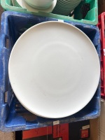Box lot of 23 serving plates and 80 side plates and 13 starter soup bowls