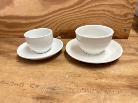 Box lot of coffee cups and mugs with saucers