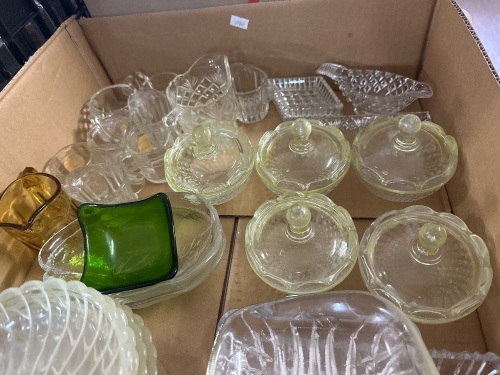 Box lot of decorative serving platters, bowls and small pouring jugs